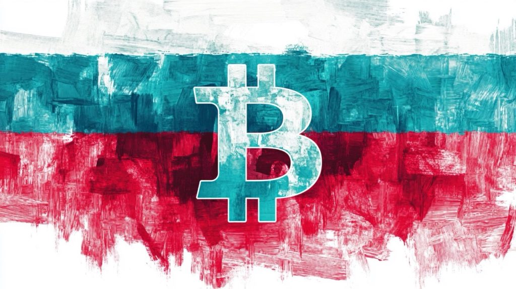 russian flag with bitcoin logo 